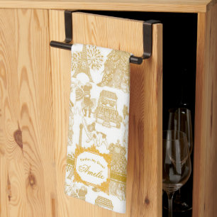 FRENCH BULLDOG Gold Toile Tea Towel