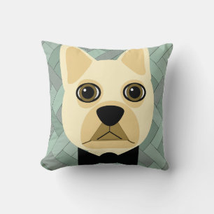 French Bulldog, Green Herringbone Cushion