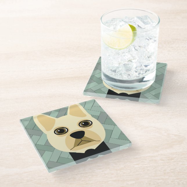 French Bulldog, Green Herringbone Glass Coaster (Angled)