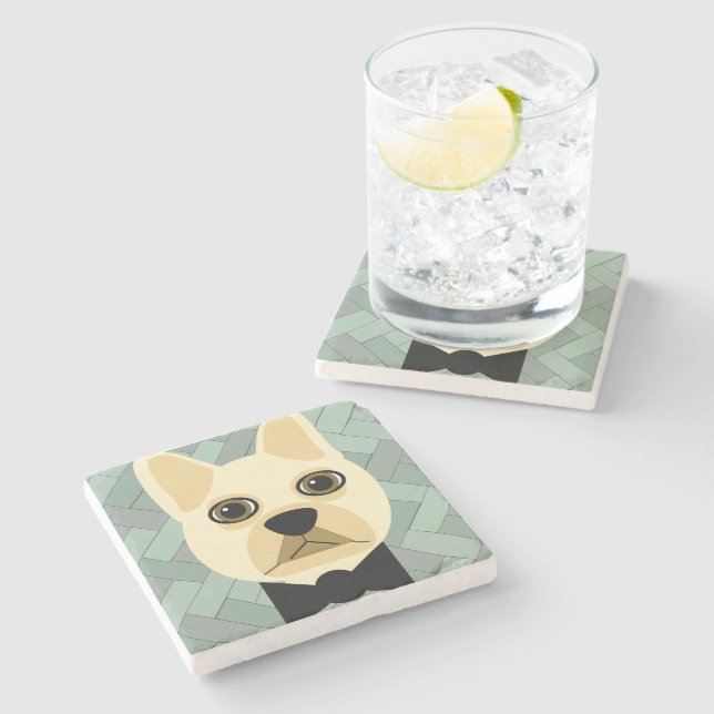 French Bulldog, Green Herringbone Stone Coaster (Side)