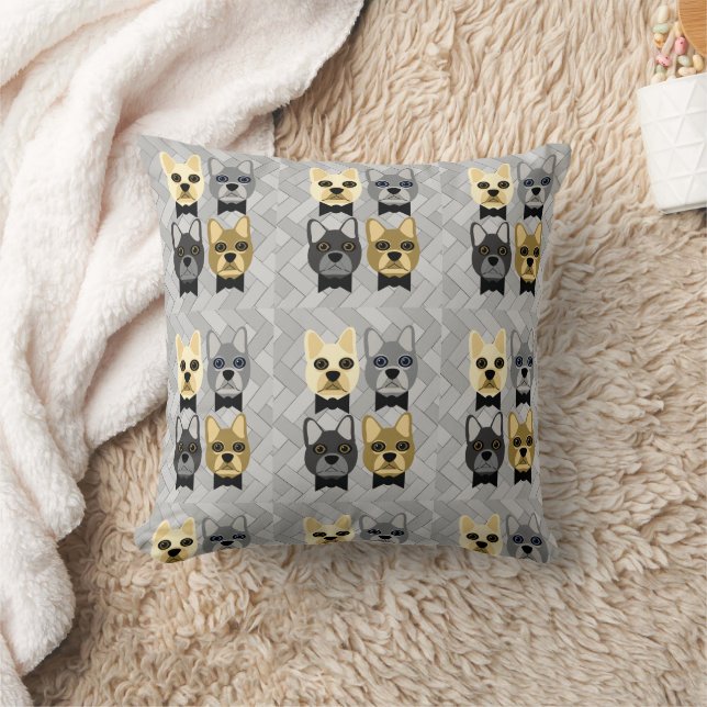 French Bulldog, Grey Herringbone, Cushion (Blanket)