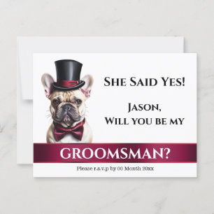 French bulldog grooms proposal burgundy wedding postcard