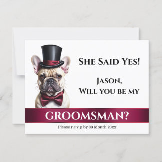 French bulldog grooms proposal burgundy wedding postcard