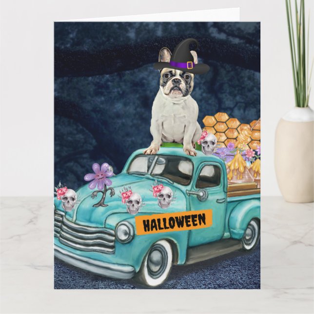 French Bulldog Halloween Truck Scary Night Card (Front)