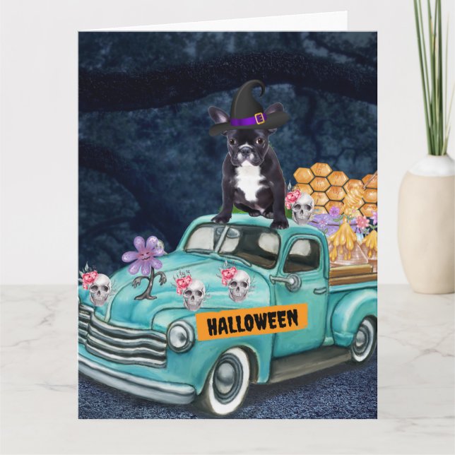 French Bulldog Halloween Truck Scary Night Card (Front)