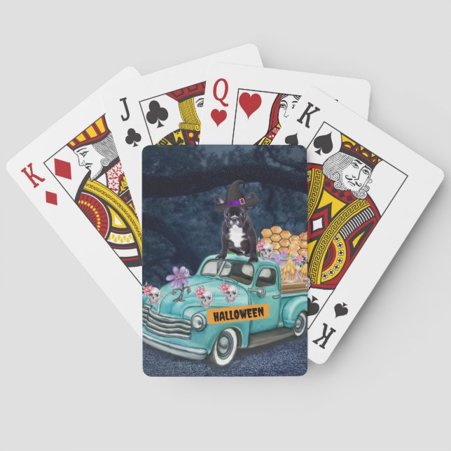 French Bulldog Halloween Truck Scary Night Playing Cards (Back)
