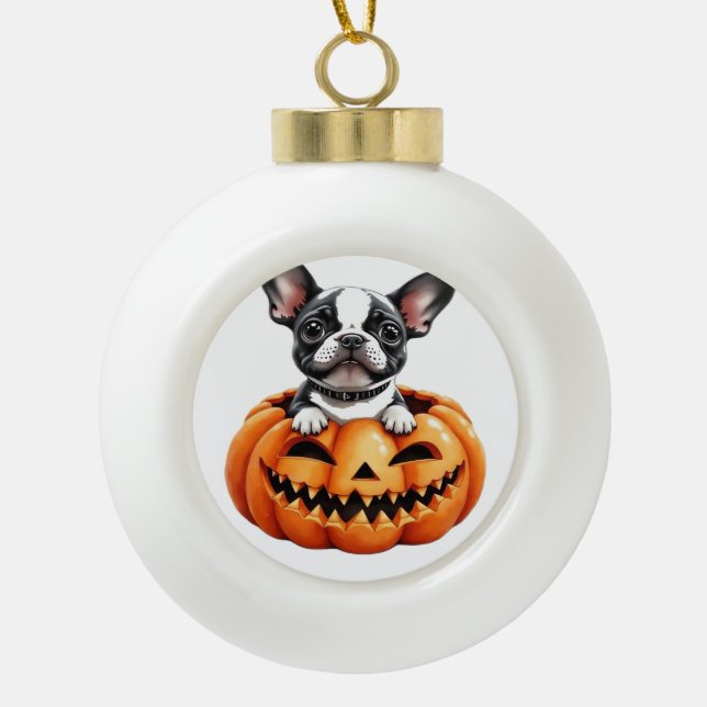 French Bulldog Happy Halloween pumpkin Classic T-S Ceramic Ball Christmas Ornament (Front)