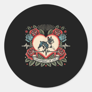 French Bulldog Heartbeat Retro Tattoo With Roses Classic Round Sticker