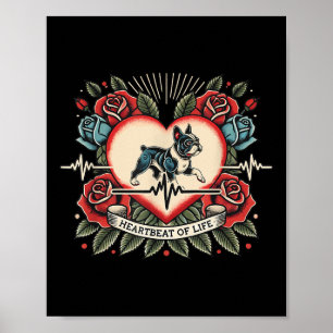 French Bulldog Heartbeat Retro Tattoo With Roses  Poster