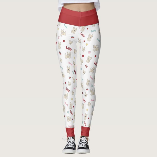 French bulldog hearts paw print dog bone and bowl leggings (Front)