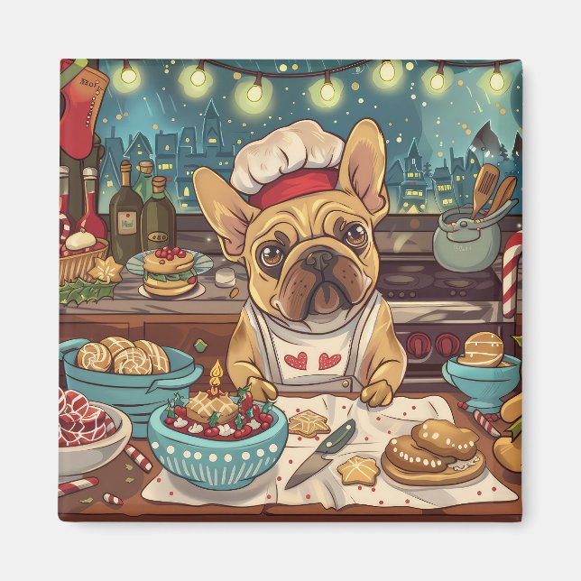 French Bulldog Holiday Baking: Festive Christmas Magnet (Front)