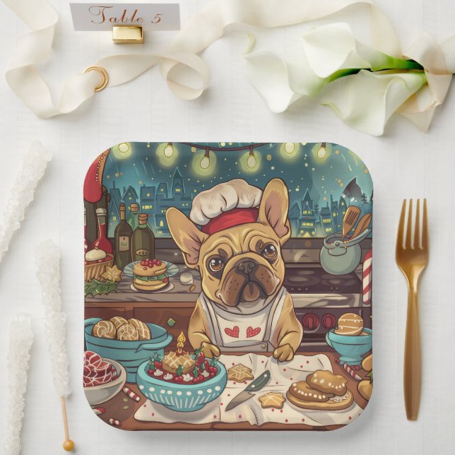 French Bulldog Holiday Baking: Festive Christmas Paper Plate (Wedding)
