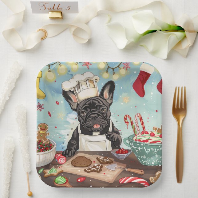 French Bulldog Holiday Baking: Festive Christmas Paper Plate (Wedding)