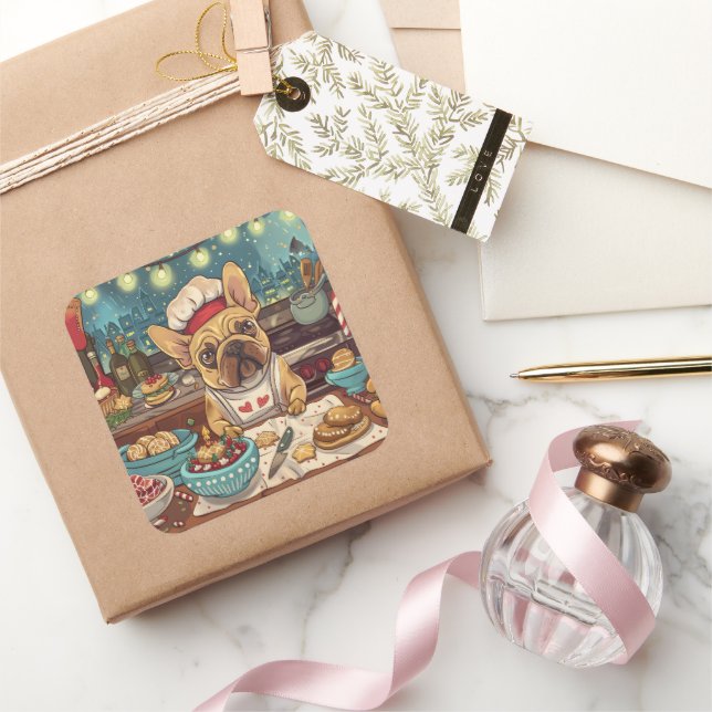 French Bulldog Holiday Baking: Festive Christmas Square Sticker (Gifting)