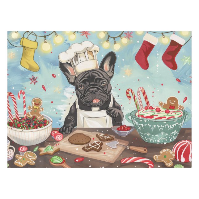 French Bulldog Holiday Baking: Festive Christmas Tablecloth (Front (Horizontal))