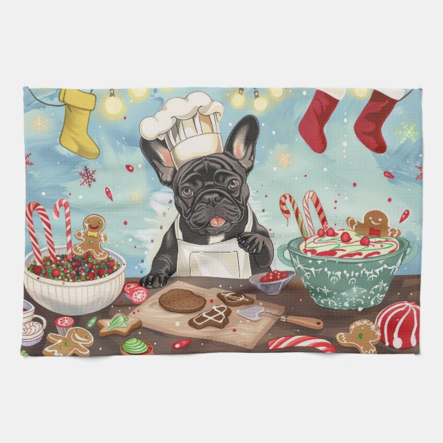 French Bulldog Holiday Baking: Festive Christmas Tea Towel (Horizontal)