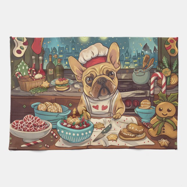 French Bulldog Holiday Baking: Festive Christmas Tea Towel (Horizontal)