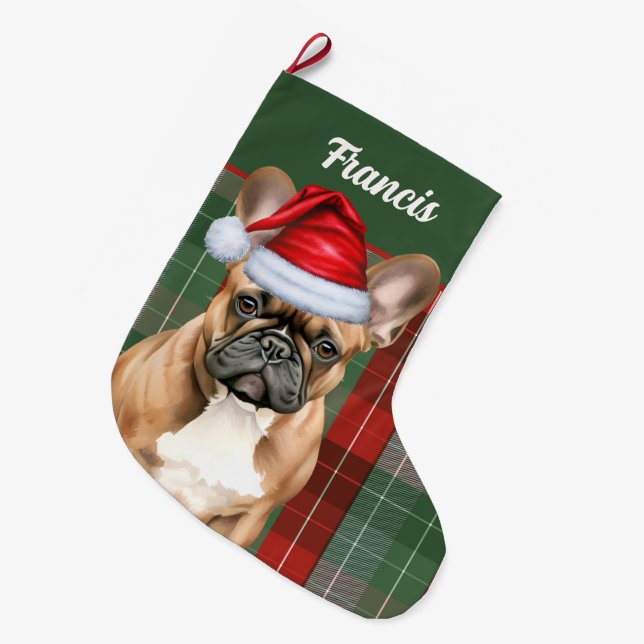 French Bulldog Holiday Plaid and Dogs Name Large Christmas Stocking (Front (Hanging))