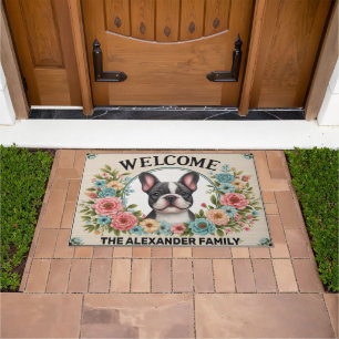 French Bulldog Home Sweet, Floral Framed Welcome Doormat