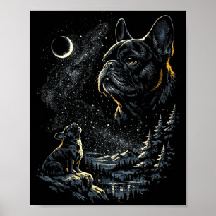 French bulldog howling at moon vintage 90s funny poster