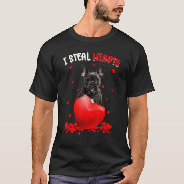 French Bulldog I Steal Hearts Cute Dog Hug Heart V T-Shirt (Front)