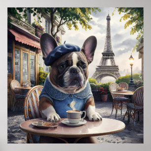 French Bulldog in a Cafe in Paris Whimiscal  Poster