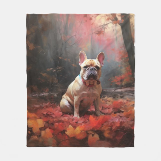 French Bulldog  in Autumn Leaves Fall Inspire  Fleece Blanket (Front)