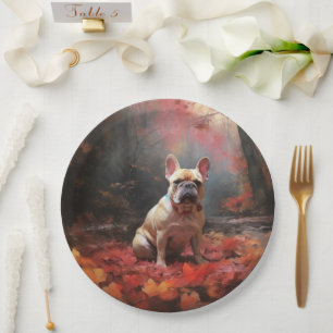 French Bulldog  in Autumn Leaves Fall Inspire  Paper Plate