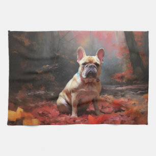 French Bulldog  in Autumn Leaves Fall Inspire  Tea Towel