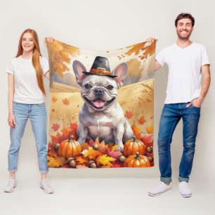 French Bulldog In Autumn Leaves Thanksgiving Art Fleece Blanket