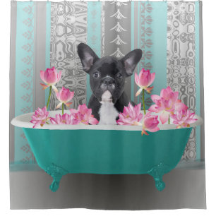 French bulldog in bath Lotus Flowers Shower Curtain