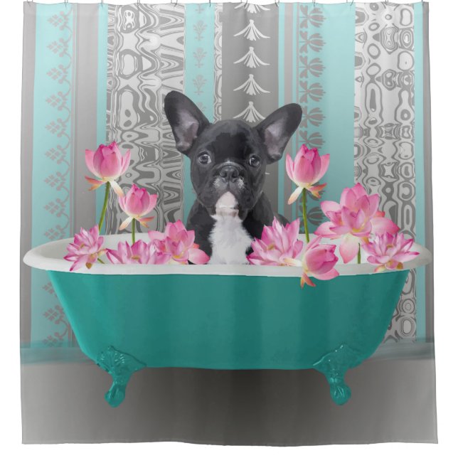 French bulldog in bath Lotus Flowers Shower Curtain (Front)