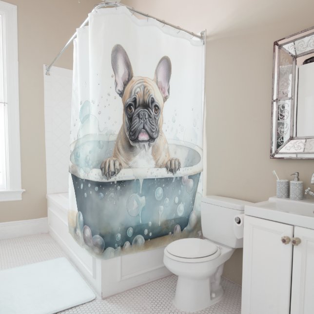 French Bulldog In Bathtub Watercolor Dog Art Shower Curtain (In Situ)