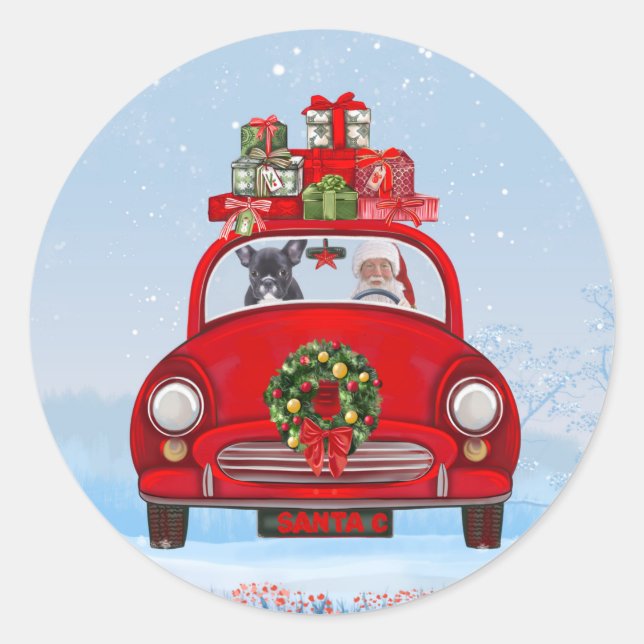 French Bulldog In Car With Santa Claus Classic Round Sticker (Front)