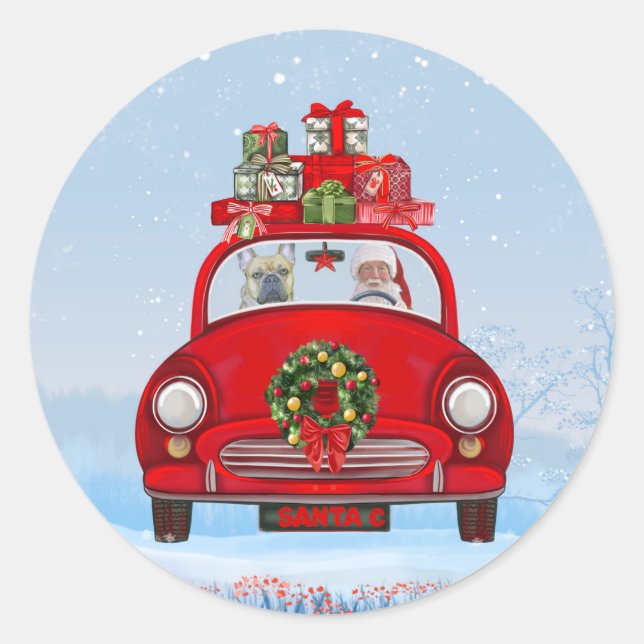 French Bulldog In Car With Santa Claus  Classic Round Sticker (Front)