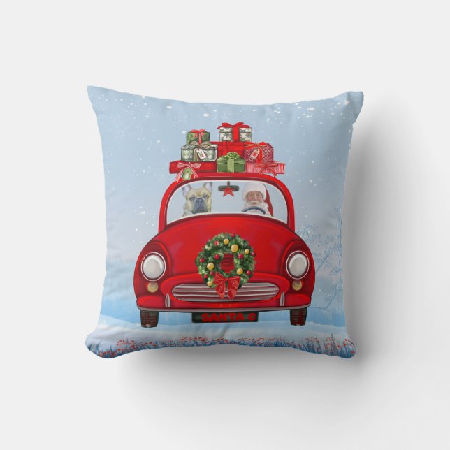 French Bulldog In Car With Santa Claus Cushion (Front)