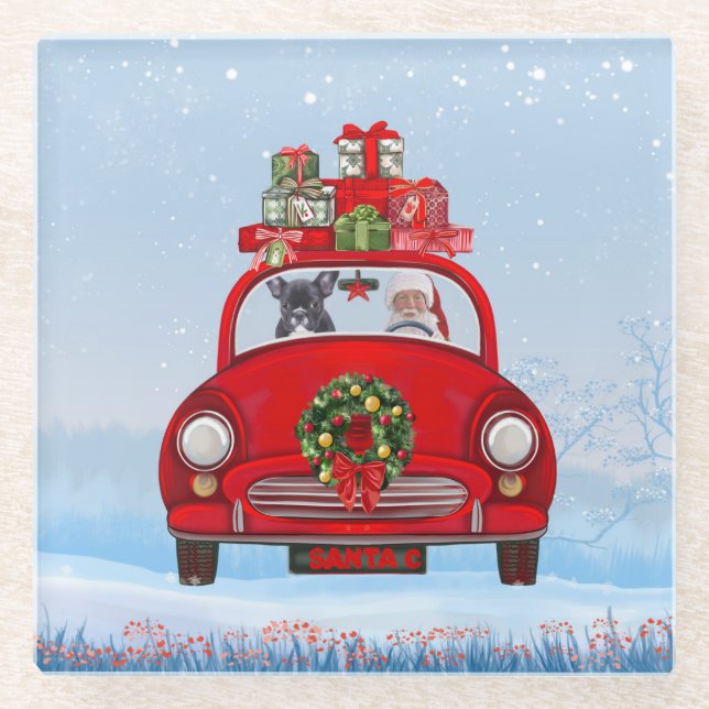 French Bulldog In Car With Santa Claus  Glass Coaster (Front)