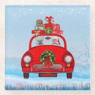 French Bulldog In Car With Santa Claus Glass Coaster