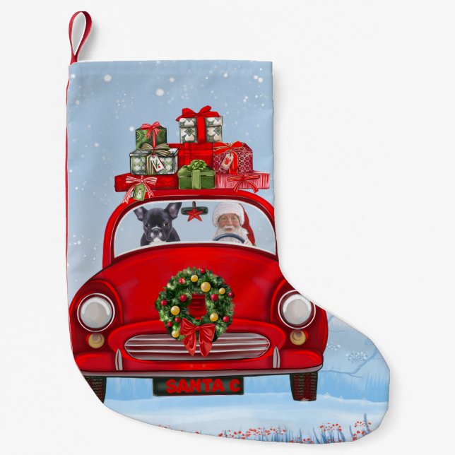 French Bulldog In Car With Santa Claus Small Christmas Stocking (Front)
