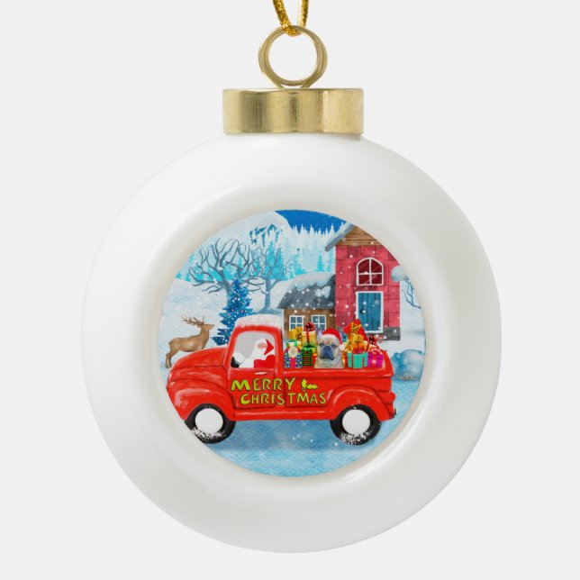 French Bulldog in Christmas Delivery Truck Snow Ceramic Ball Christmas Ornament (Front)