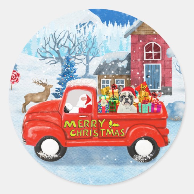 French Bulldog in Christmas Delivery Truck Snow  Classic Round Sticker (Front)