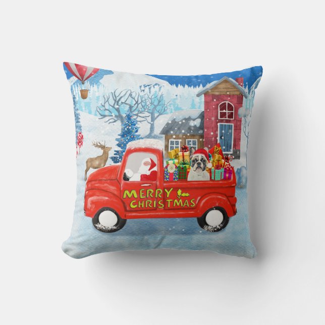 French Bulldog in Christmas Delivery Truck Snow Cushion (Front)