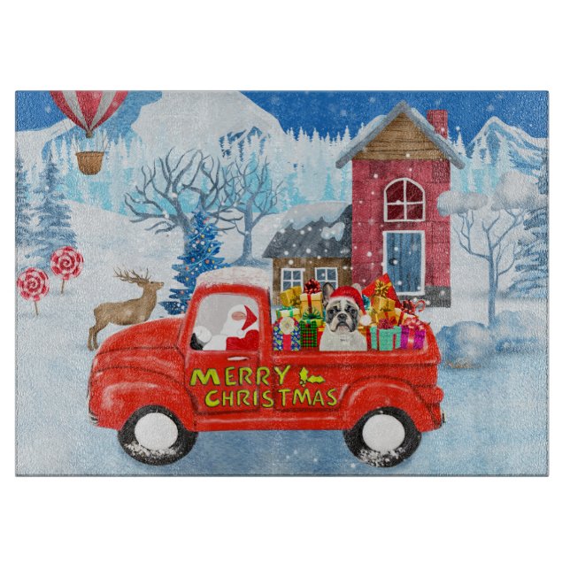 French Bulldog in Christmas Delivery Truck Snow  Cutting Board (Front)