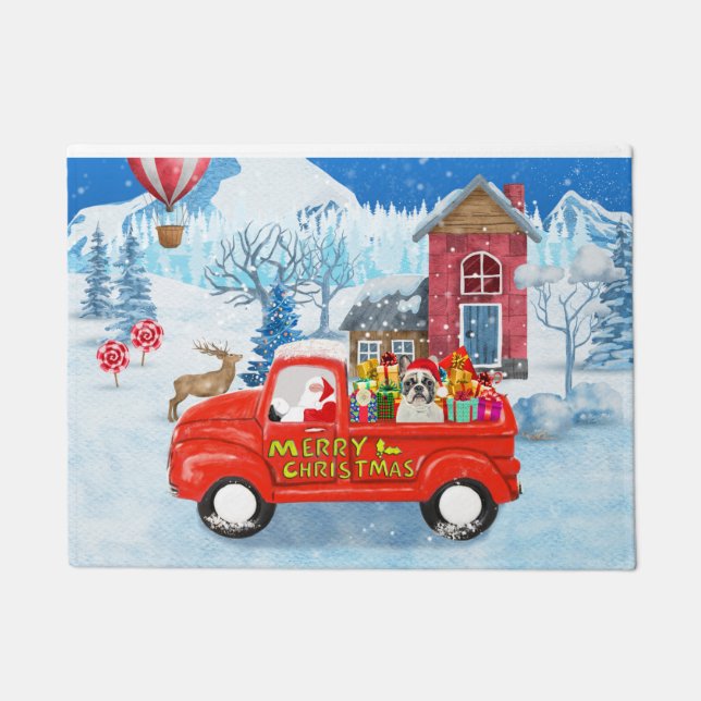 French Bulldog in Christmas Delivery Truck Snow  Doormat (Front)