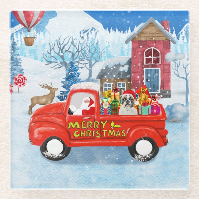 French Bulldog in Christmas Delivery Truck Snow Glass Coaster (Front)