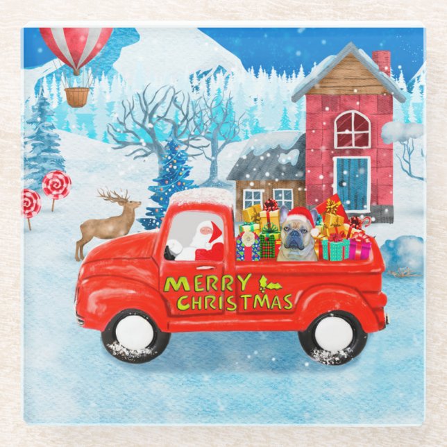 French Bulldog in Christmas Delivery Truck Snow  Glass Coaster (Front)