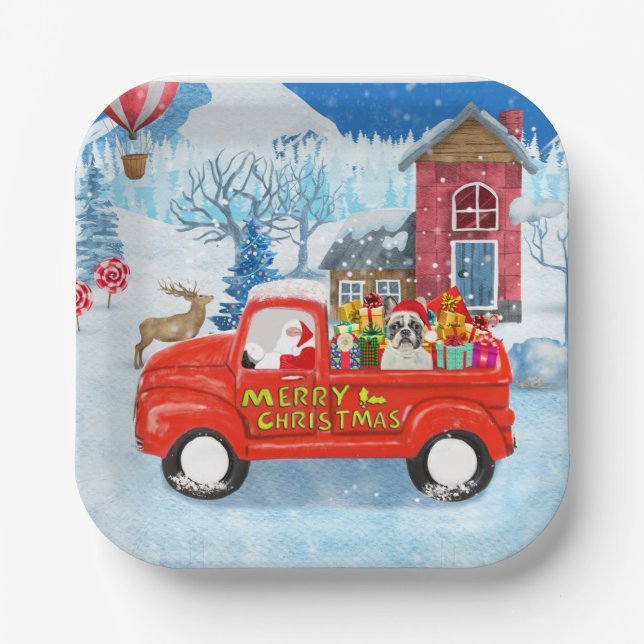 French Bulldog in Christmas Delivery Truck Snow Paper Plate (Front)
