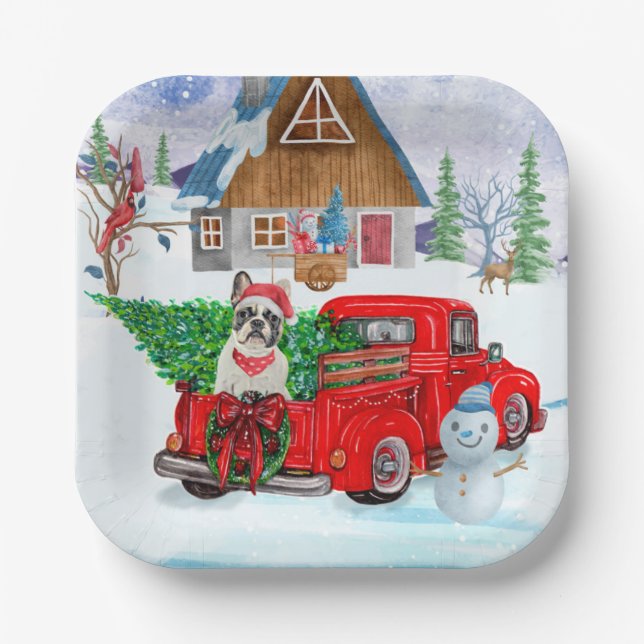 French Bulldog In Christmas Delivery Truck Snow  Paper Plate (Front)
