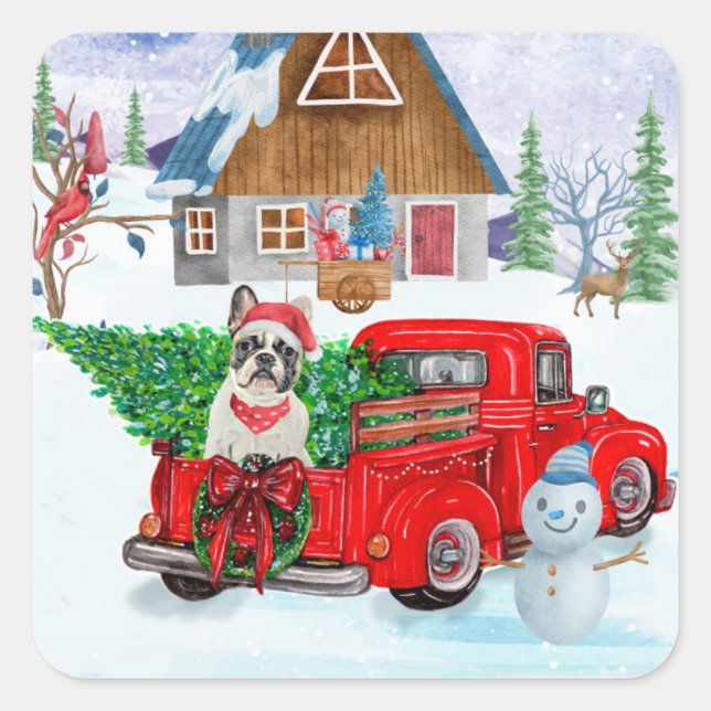 French Bulldog In Christmas Delivery Truck Snow Square Sticker (Front)