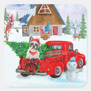French Bulldog In Christmas Delivery Truck Snow Square Sticker